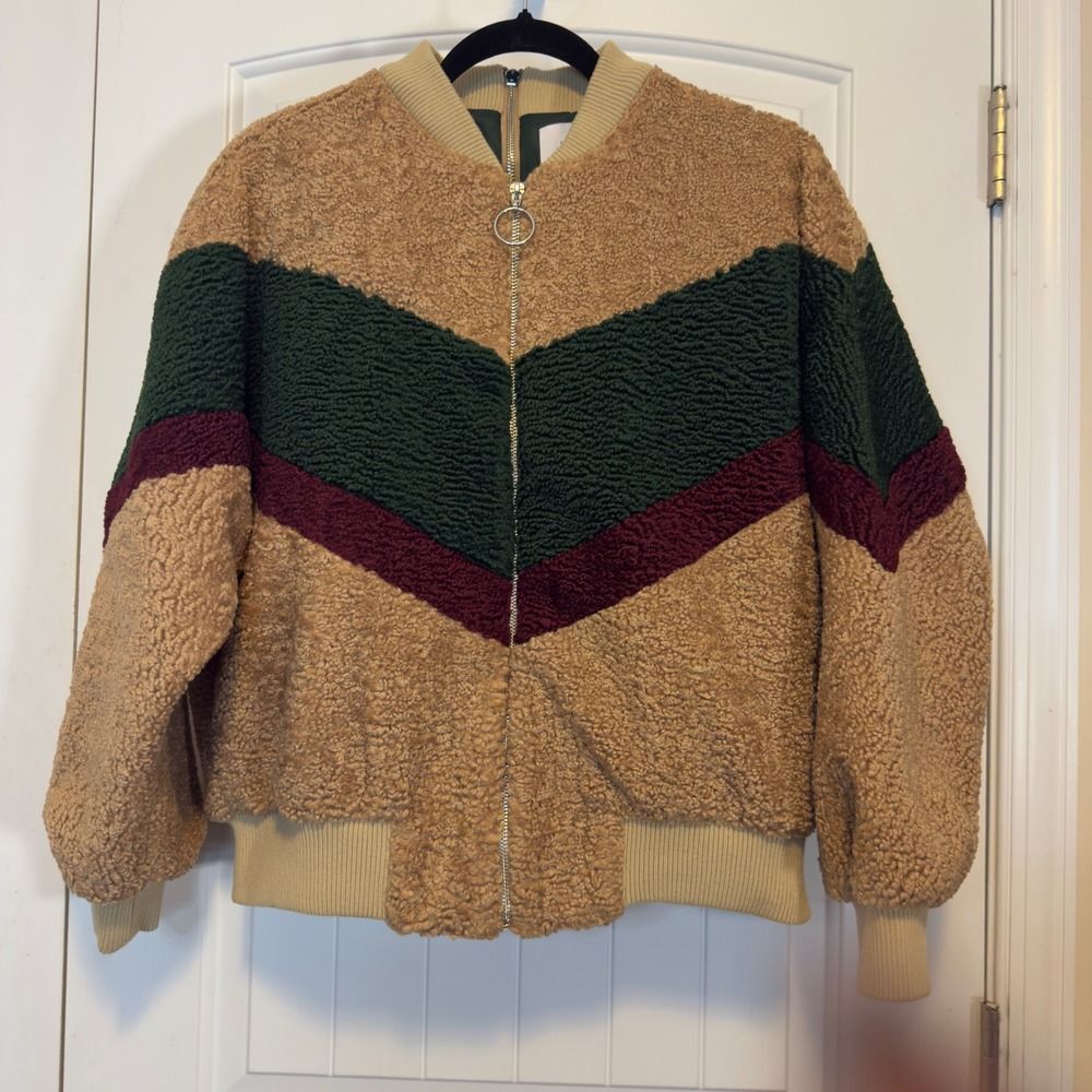 JOA Teddy M Bomber Jacket Tan Green Burgundy Chevron Faux Shearling Zip Up EUC